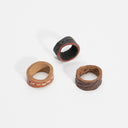 Three handmade leather finger rings in various colors and textures, displayed on a clean white background.